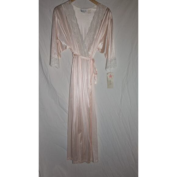 Vintage deadstock Nicole Womens Full Length Blush Nylon Belted Robe Sz SP Lace - Picture 1 of 9